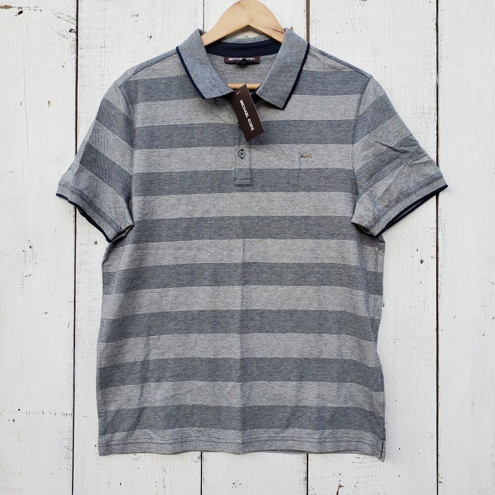 Michael Kors Men’s Sz M Polo Shirt Gray Stripped Short Sleeve NEW